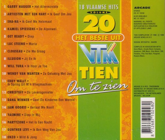 Albumhoes met de titel '18 Vlaamse hits volume 20 Het beste uit VT4 Tien Om te zien'. Kleurrijk ontwerp met oranje en groene strepen.