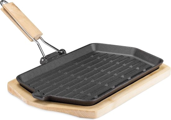 Grillpan Gietijzer Professioneel - Steakpan Voor Alle Warmtebronnen Met Inklapbaar Houten Handvat Massief Gietijzer 20x20 Cm