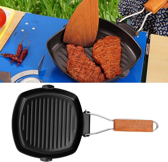 Steakpan, gietijzer, 20 x 20 cm, grillpan, inductie met inklapbare