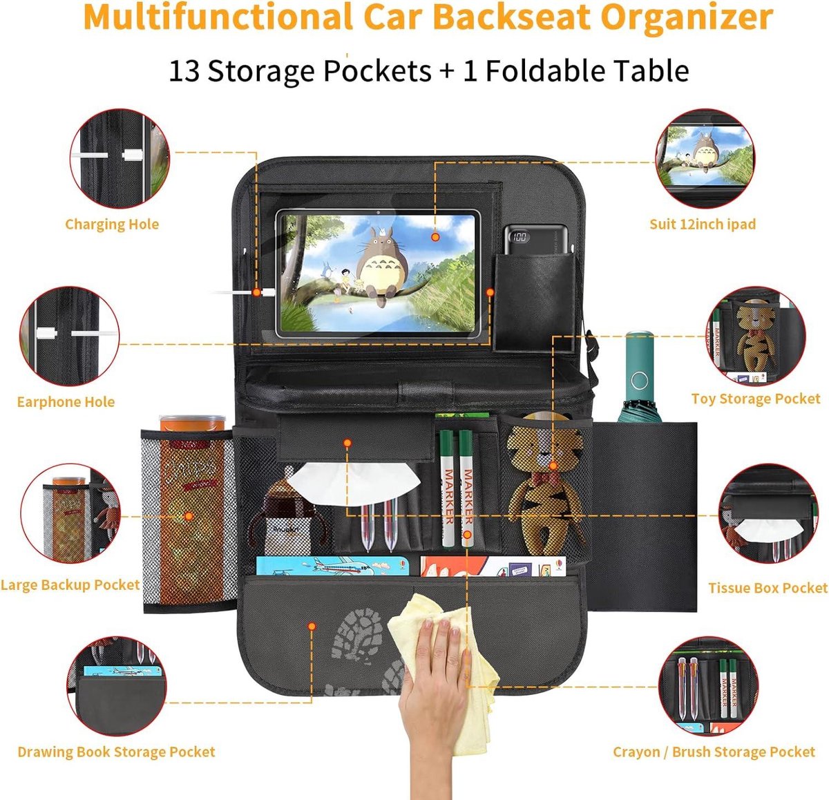 Rugleuningbescherming met opvouwbare tafel - Autoorganizer voor kinderen met 12 inch tablethouder - Waterdichte achterbank-organizer met 13 zakken Auto tafel – foto 6