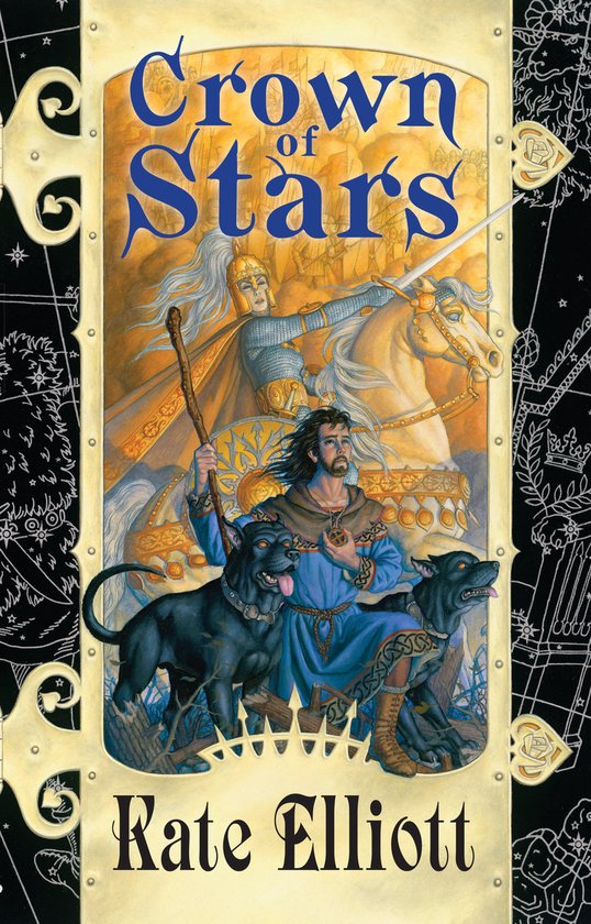 Cover van 'Crown of Stars' door Kate Elliott: een man met honden en een amazone te paard.