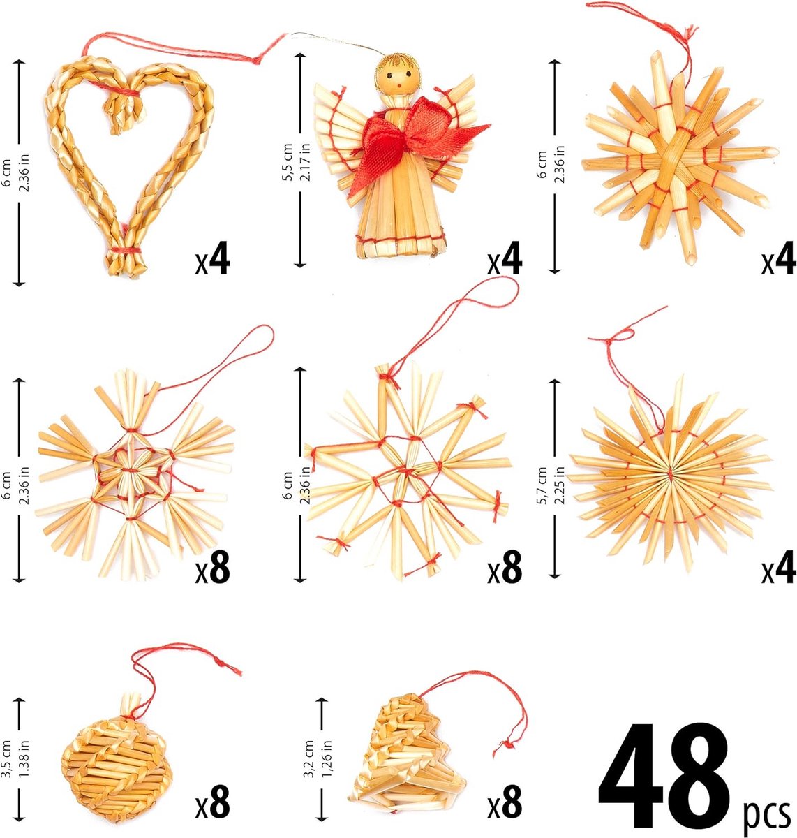BRUBAKER kerstboomversieringen van stro, 48-delige set - tot 6,5 cm grote sterren, harten, engel – foto 5