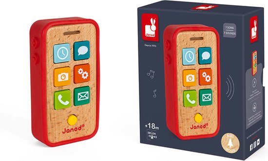 Foto: Janod telefoon met geluid met de 7 zachte plastic knoppen die verschillende geluiden produceren kan je kind een wekker zetten foto s maken berichten bekijken en urenlang chatten met vriendjes en vriendinnetjes geschikt vanaf 18 maanden