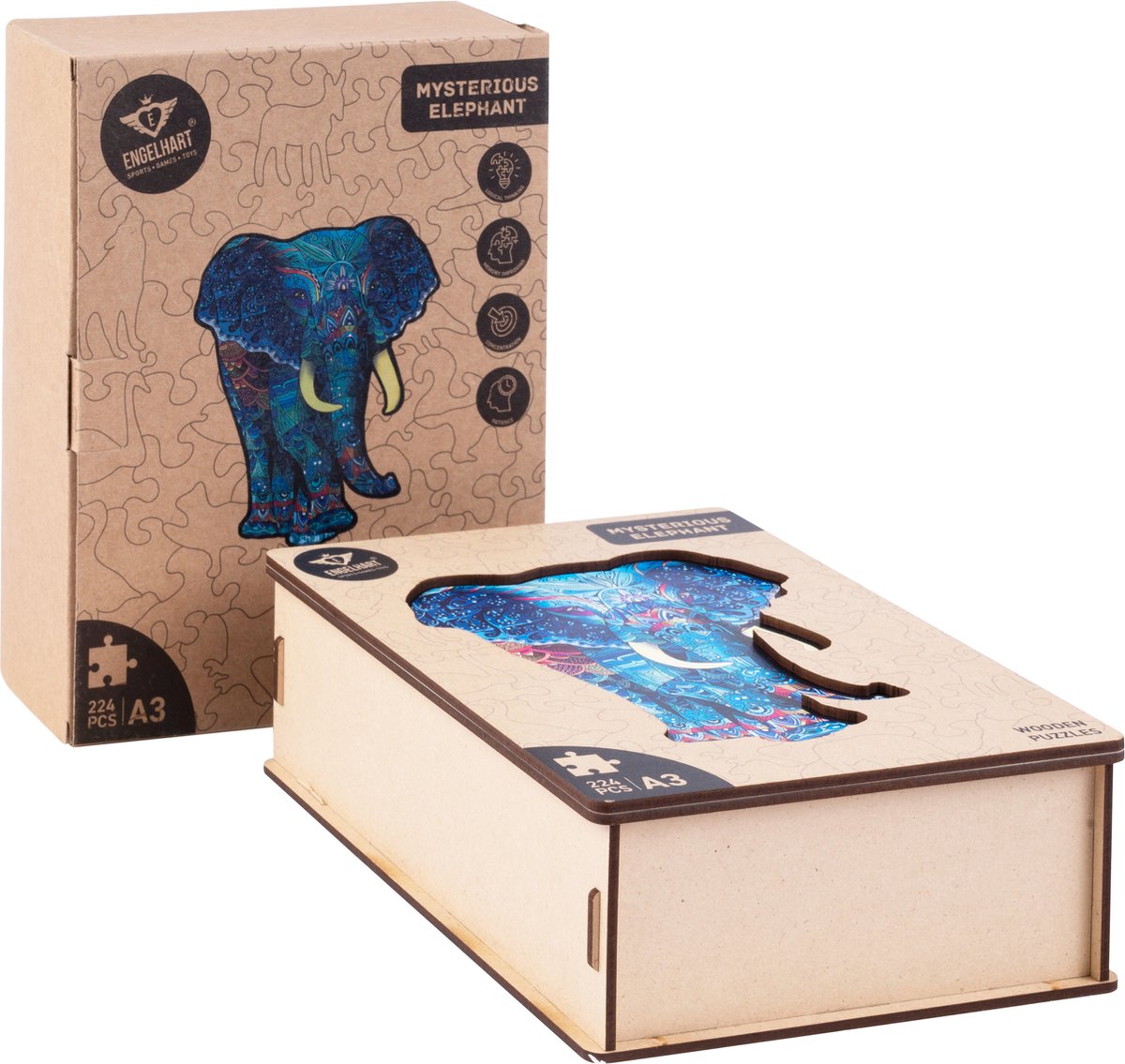 Houten Puzzel Olifant – 244 Unieke Puzzelstukjes – A3 Formaat Grote Houten Legpuzzel – Dieren Puzzelspel – Uitdagend Denkspel – Inclusief Opbergetui – Engelhart — afbeelding 11