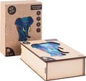 Houten opbergdoos voor een puzzel, met op de deksel een afbeelding van een olifant met mandala-patronen in blauwtinten.