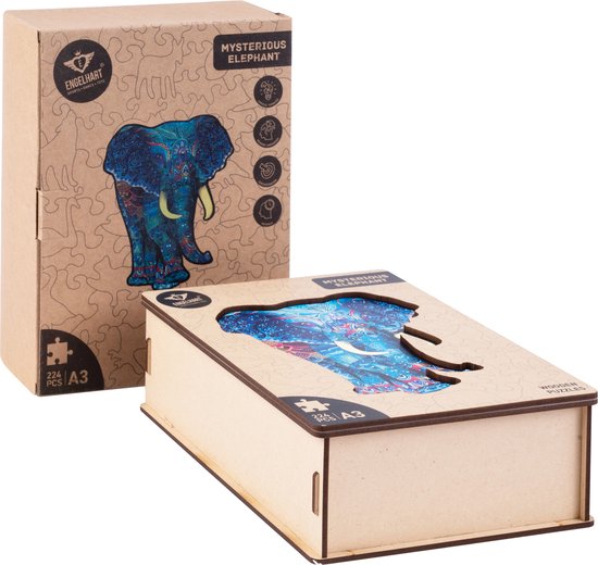 Houten opbergdoos voor een puzzel, met op de deksel een afbeelding van een olifant met mandala-patronen in blauwtinten.