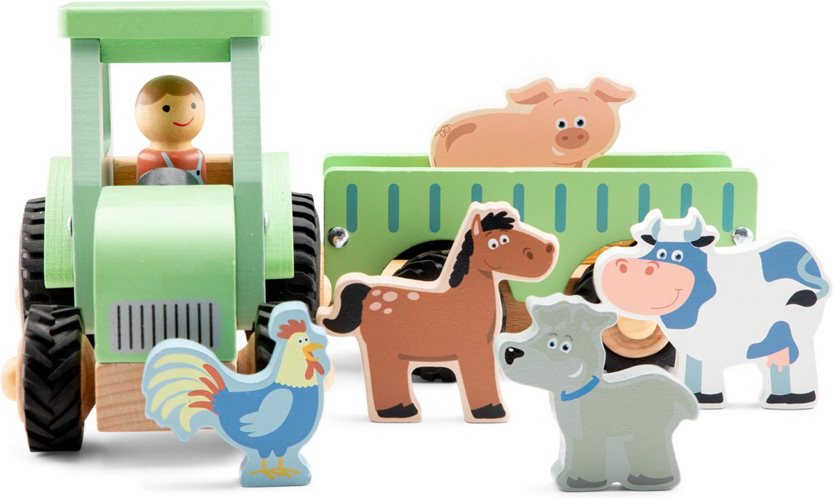Woet® Houten Tractor met Aanhanger - Inclusief 5 Boerderijdieren - Groen - Educatief Speelvoertuig - Rollenspel Speelgoed - Vanaf 18 Maanden — afbeelding 3