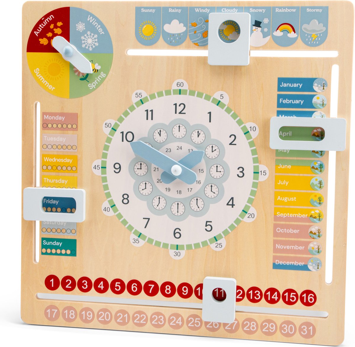 Woet® Houten Kalenderklok ENGELSTALIG - Leer Klokkijken - Leerklok - Weet jij welke dag het is? Hoe laat is het? Schijnt de zon? - Dagen, Maanden, Seizoenen & Weer - Educatief Speelgoed - Vanaf 3 Jaar — afbeelding 2
