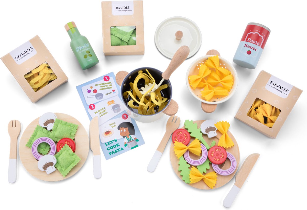 Woet® Houten Speelgoed Pasta Set - 'Maak je eigen pasta' Speelgoedset - FSC - Inclusief Ravioli, Tagliatelle, Farfalle & Saus - Speelgoedeten - Rollenspel Keukenset - Vanaf 3 Jaar — afbeelding 2