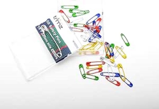 Foto: H185300 50 veiligheidsspeldjes gekleurd rood wit zwart groen blauw geel 19 en 22mm bont kleur veiligheidsspelden