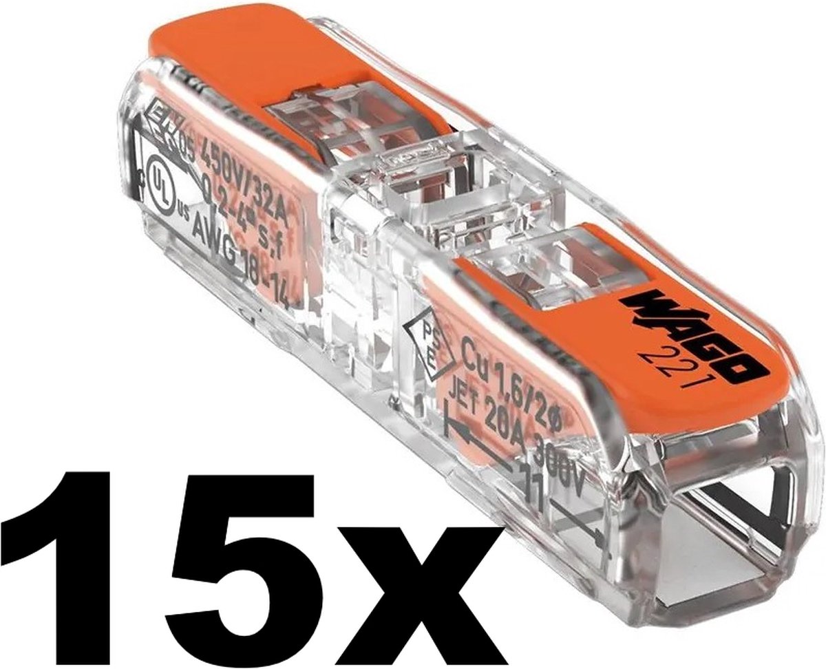 15x originele WAGO verbindingsklem 1-VOUDIG | Voor 0,2-4 mm² draad | 15 stuks | Doorvoerconnector