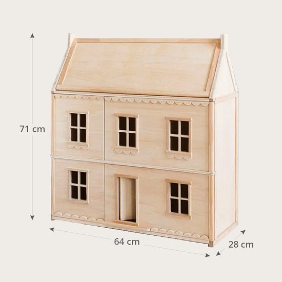 Petite Amélie Houten Poppenhuis Klassiek Naturel - H.16 cm - Geïnspireerd door Franse Huizen - Drie Verdiepingen vol Franse Charme