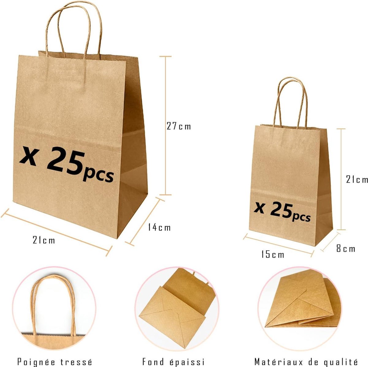 Sacs En Papier Kraft Marron Lot 50 – 22x12x7 Cm, Fond Plat – Avec 72 Autocollants Vierges | Sacs Cadeaux DIY Mariage Anniversaire - 5