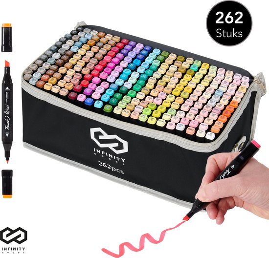 Foto: Infinity goods twinmarkers 262 stuks professionele alcohol markers dubbelzijdige tip stiften opbergtas met houder