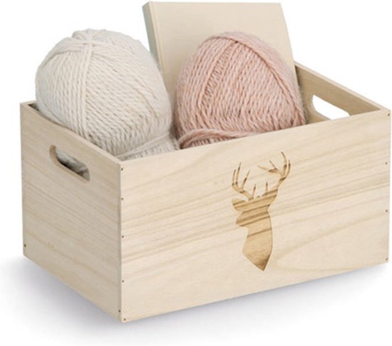 Zeller Boîte de rangement/coffre - 2x - naturel - bois - motif cerf estampé - 30 x 20 x 16 cm - magasin de speelgoed
