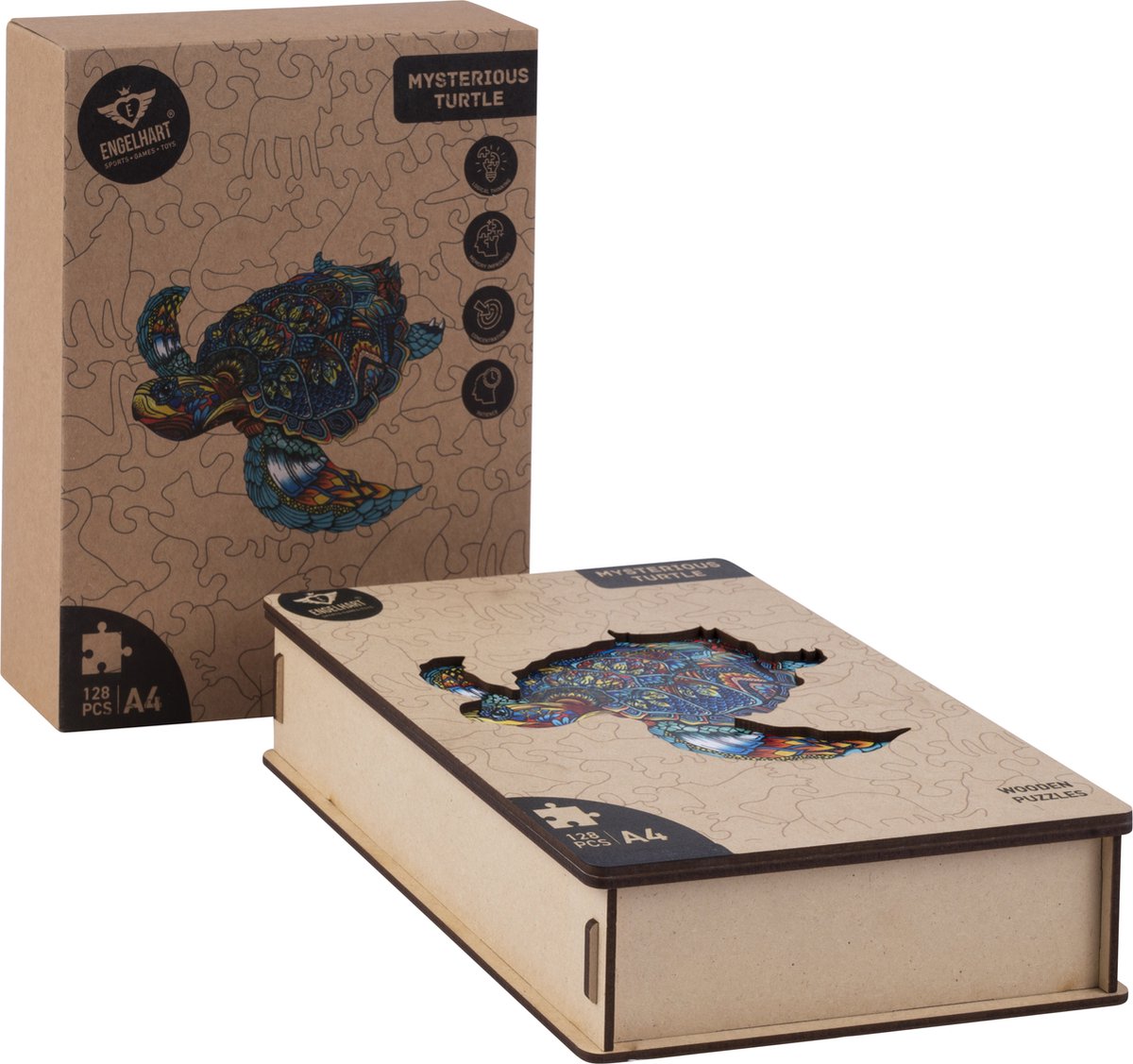 Houten Puzzel Schildpad – 128 Unieke Puzzelstukjes – A4 Formaat Houten Legpuzzel – Dieren Puzzelspel – Ontspannend Denkspel – Inclusief Opbergetui – Engelhart — afbeelding 15