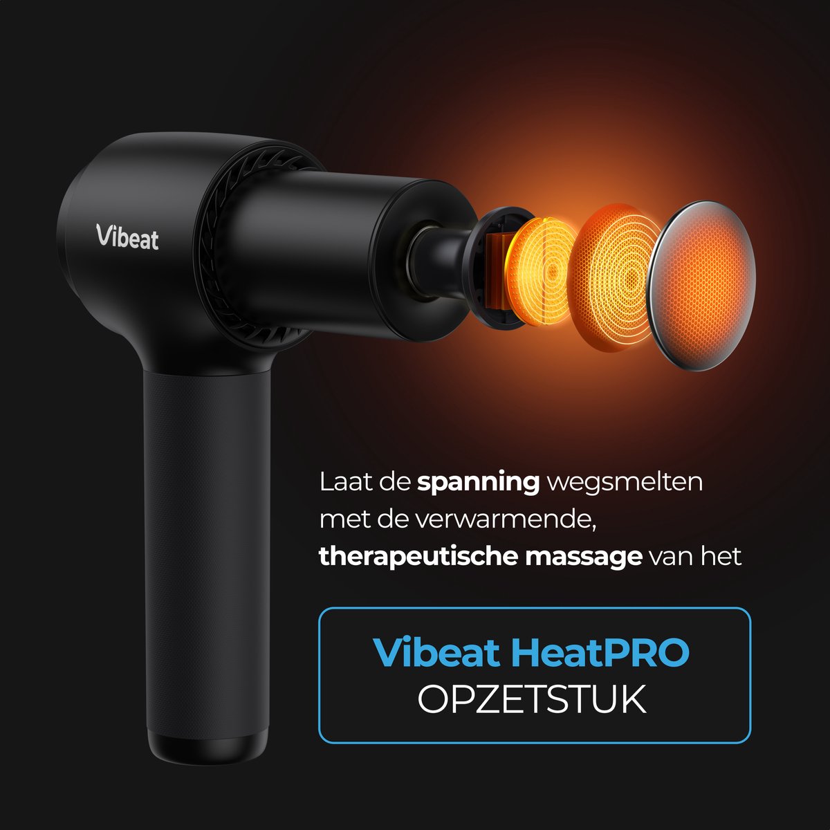 Afbeelding 3 van Vibeat Professionele Massage Gun – Inclusief Houder voor Moeilijk Bereikbare Plekken + 7 Opzetstukken & Verwarming tot 65°C + Opbergtas