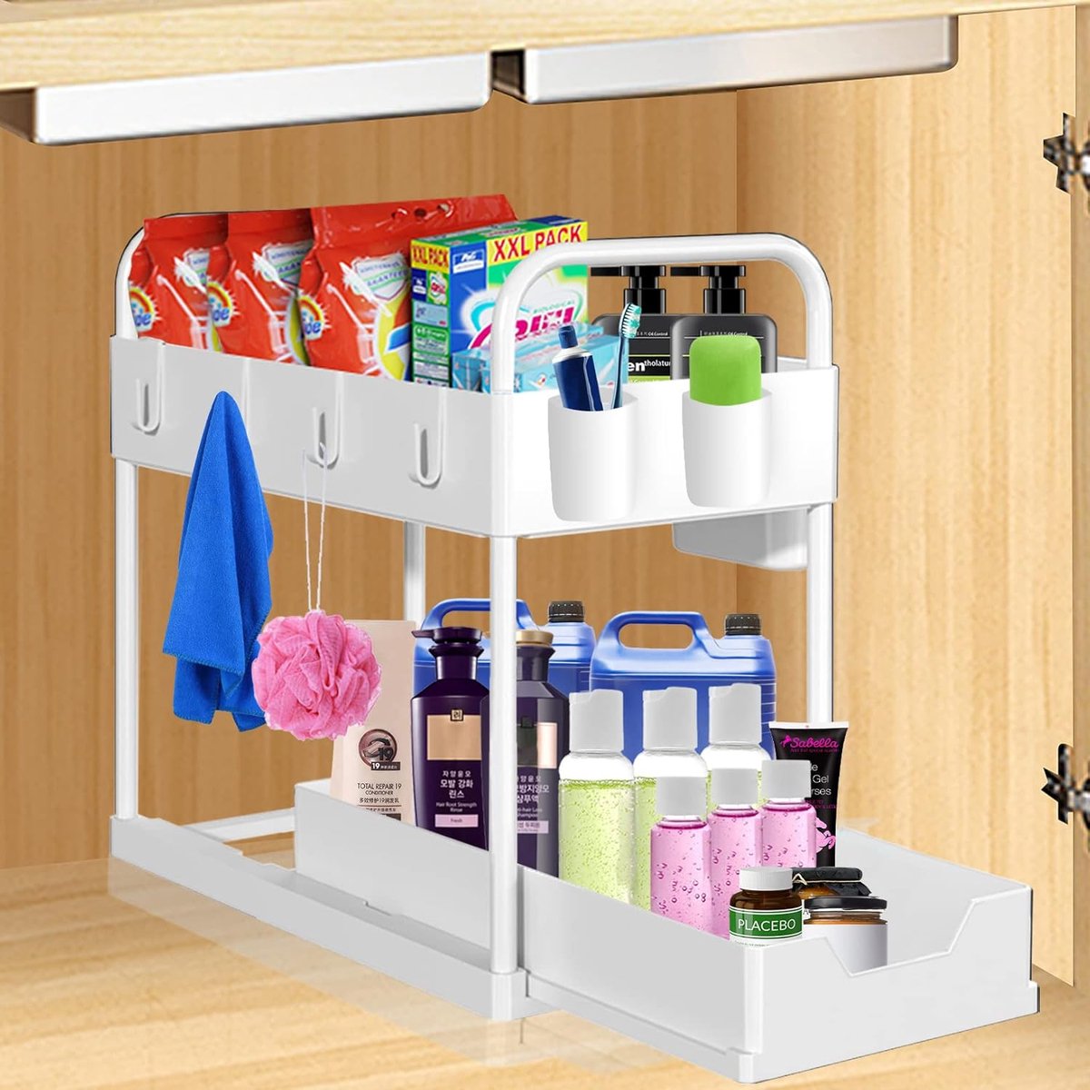 2-laags onder gootsteenplank gootsteenorganizer Kruidenrek met schuiflade Multifunctionele keukenorganizer Werkbladplank voor onderkast Badkamer Zwart (wit)