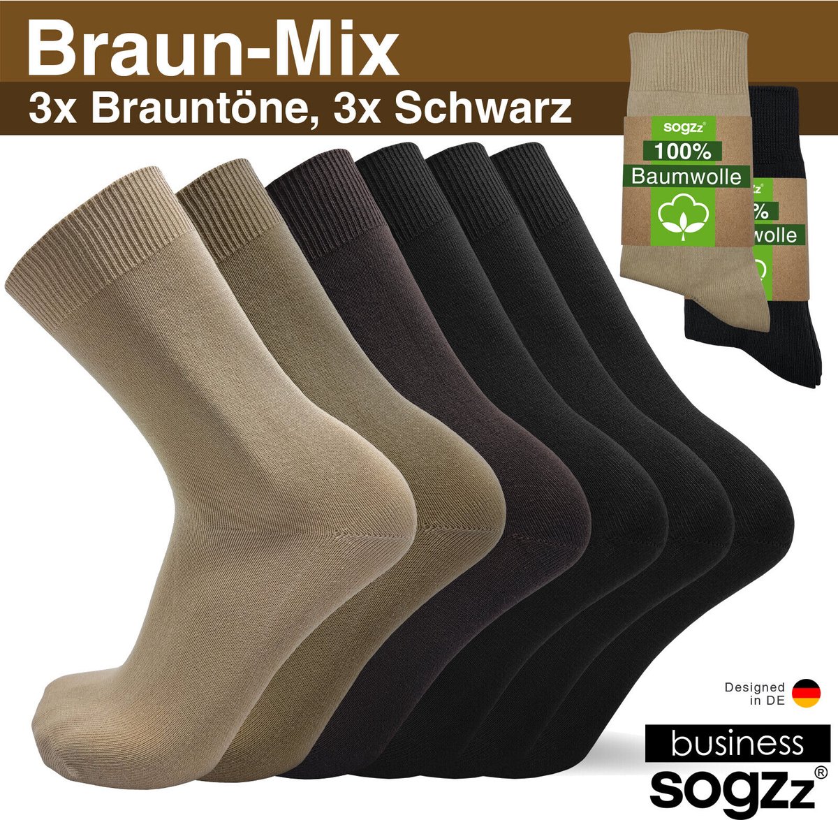 SOGZZ® 100% Katoenen - Business Sokken - 6 Paar - Bruin Assorti Kleuren - Maat 39/42