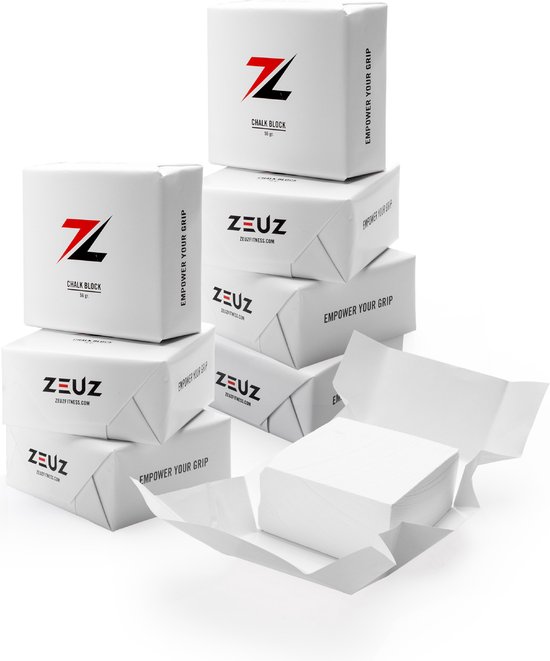 Stapel van zeven verpakte magnesium blokken, met logo en 'Empower your grip'.