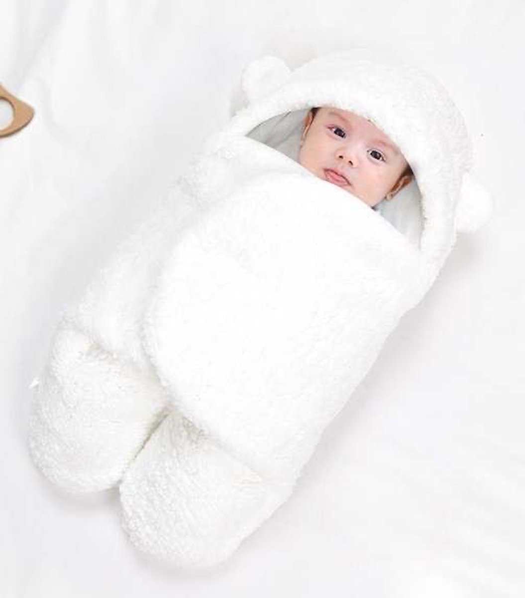 KimDo - Teddy Wikkeldeken - Wit - Omslagdoek - Newborn Baby - Kraamcadeau - babyslaapzak - Inbakerdoek Beertje
