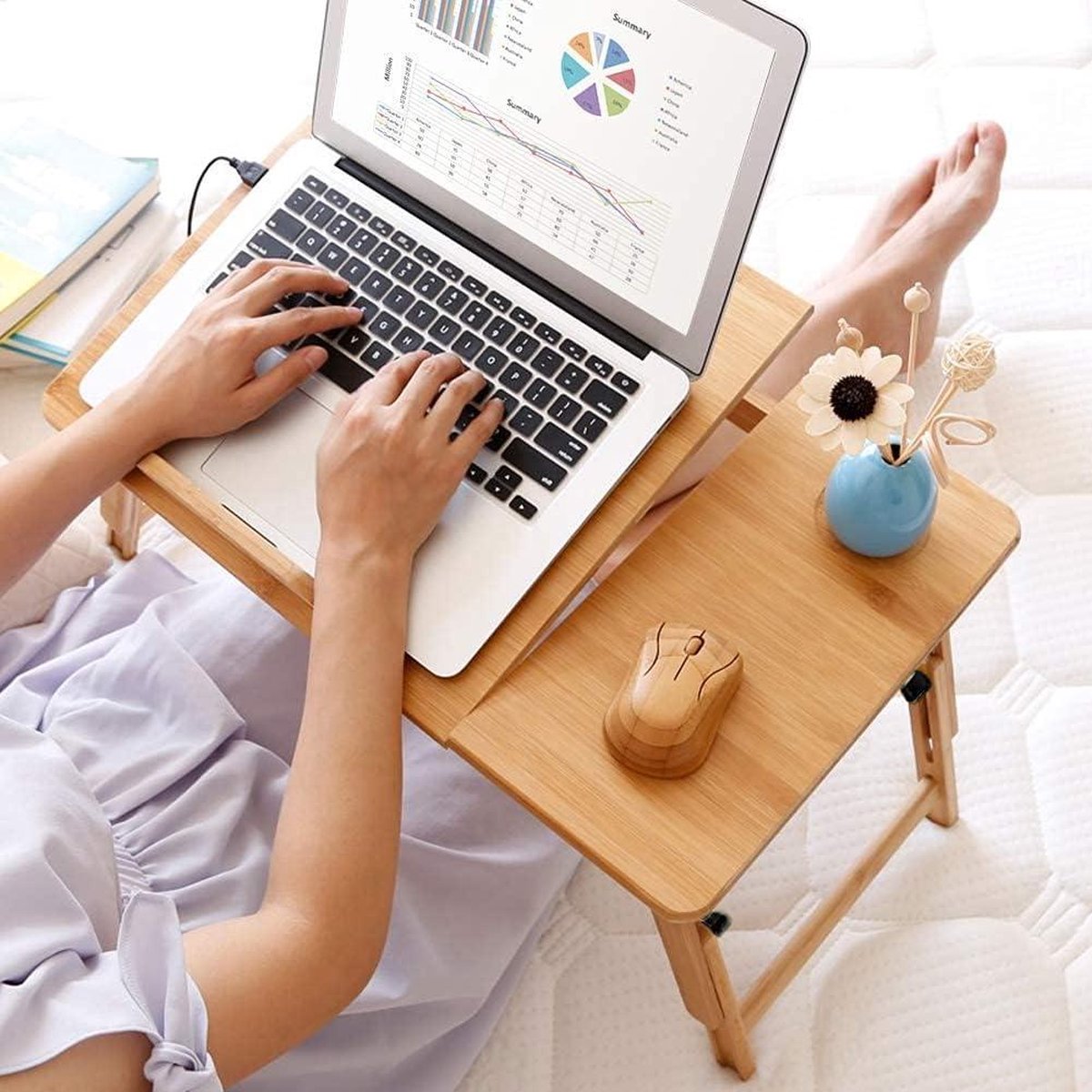 Laptopbureau, bamboe laptopbureau Verstelbaar draagbaar ontbijt Dienblad Multifunctionele tafel met kantelbare opbergruimte