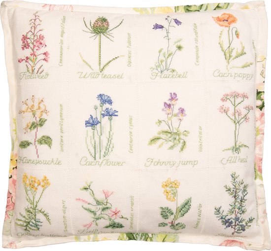 Un coussin blanc avec douze broderies en point de croix de diverses fleurs sauvages avec leurs noms.