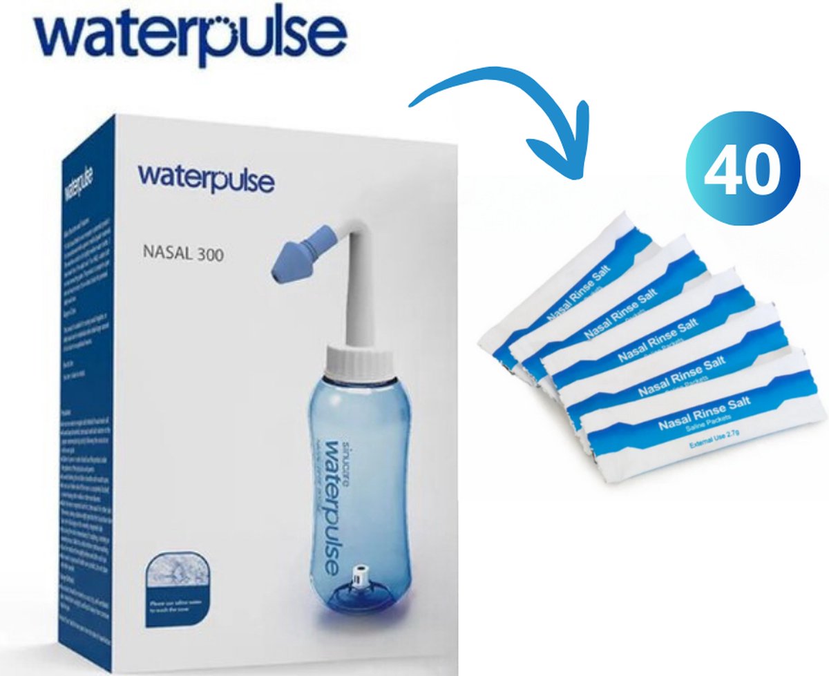 Goedkoopste Professionele Neusdouche - Waterpulse - 40 zakjes zout - Neusspoeler - Verstopte neus – Neusreiniger - Tegen Hooikoorts - Inclusief Waterpulse Doos
