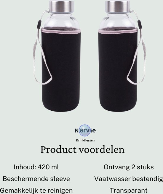 Narvie - Set van 2 Glazen Drinkflessen met Zwarte Softshell Beschermhoes - 420 ml Waterfles - Sportfles/Bidon van NARVIE — afbeelding 4