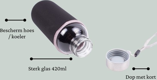 Narvie - Set van 2 Glazen Drinkflessen met Zwarte Softshell Beschermhoes - 420 ml Waterfles - Sportfles/Bidon van NARVIE — afbeelding 2