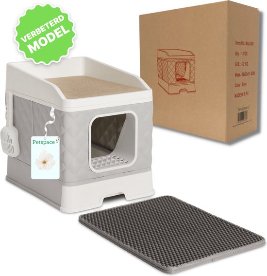 Foto: Petspace premium kattenbak moderne kattenbak met uitschuifbare lade kattentoilet met krabdak krabplank inclusief krabplaat kattenbakmat en geurkaartje 35 x 37 x 45 cm katten grijs