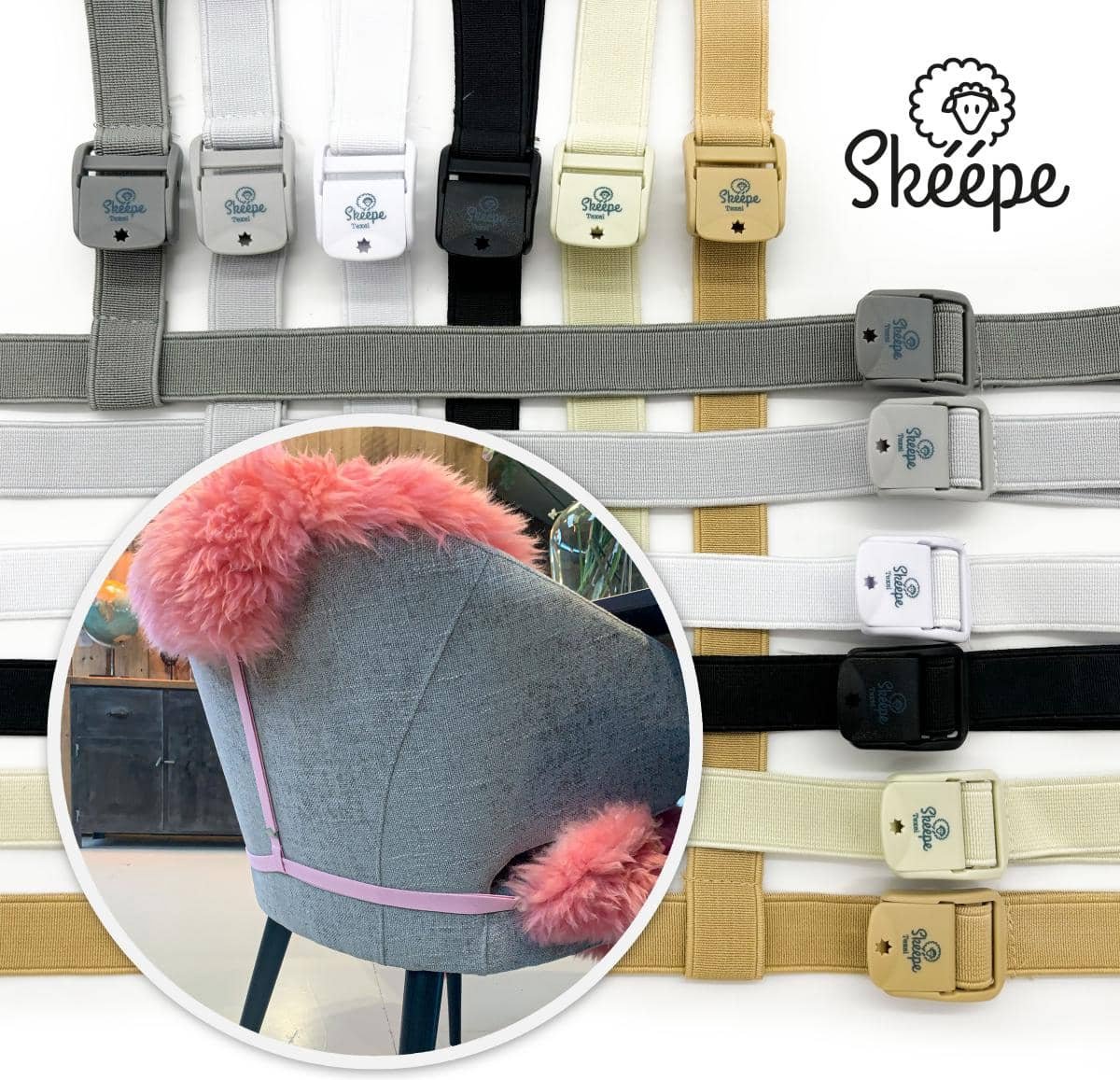 Skéépe – Bevestiging voor schapenvacht aan stoel – verstelbaar elastiek met clips – vachtspanner – Beige
