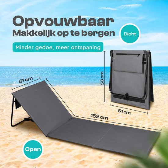 Afmetingen van een open en gesloten grijze strandmat op het strand. Tekst: Opvouwbaar, Makkelijk op te bergen, Dicht.