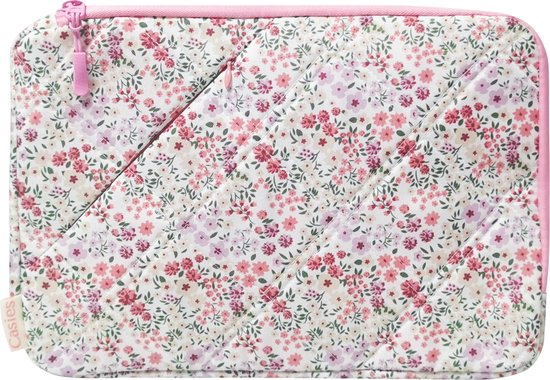 Housse d'ordinateur portable matelassée avec un imprimé floral rose, violet et orange, avec une fermeture éclair diagonale et un passepoil rose.
