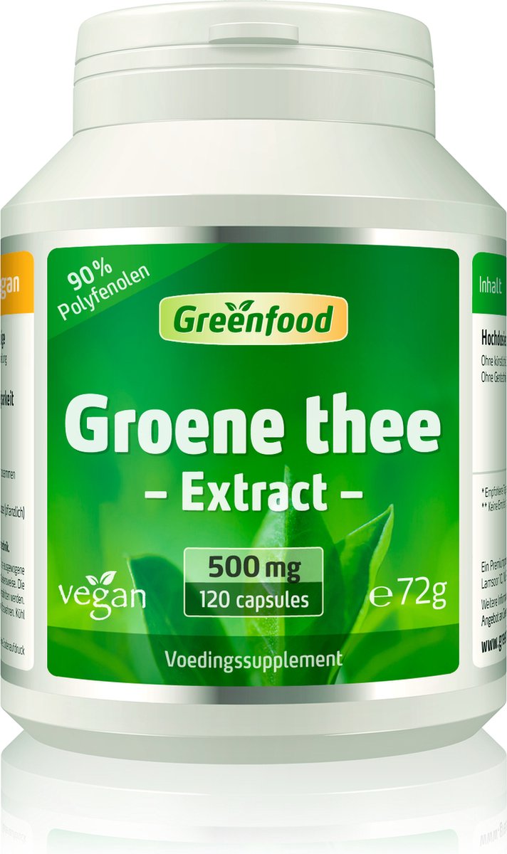 Goedkoopste Greenfood Groene thee-extract (90 polyfenolen), 500 mg, hoog gedoseerd, 120 capsules - Zonder kunstmatige toevoegingen. Zonder genetische manipulatie. Veganistisch.