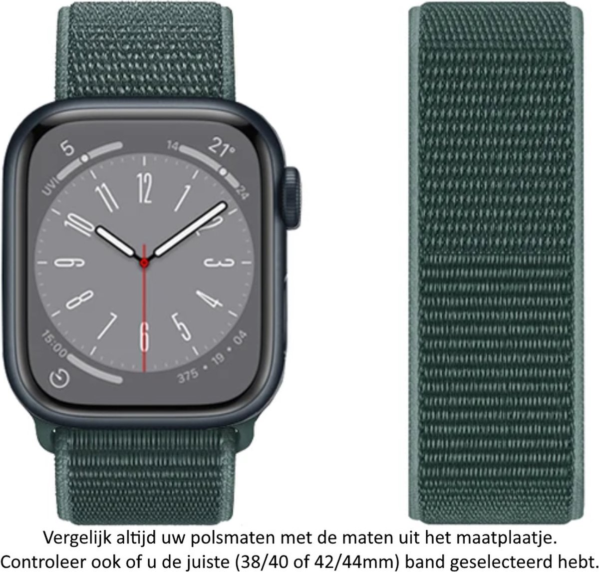 Pijnboom Groen Nylon Horlogeband geschikt voor Apple Watch 1, 2, 3, 4, 5, 6, 7, 8, SE, 42mm, 44mm 45mm "Mannenbreedte" Series Zacht Geweven Nylon 42 mm, 44 mm en 45 mm - Maat: zie maatfoto - watch band