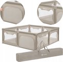Beige box met mesh zijkanten en transporttas. Close-ups van de ritssluiting en de hoekverbindingen.
