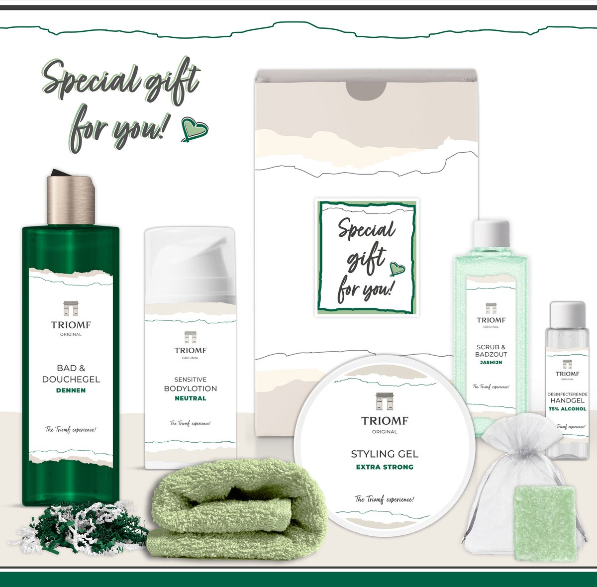 Goedkoopste Geschenkset “Special Gift for You!” - 7 producten - 850 gram | Triomf Original - Giftset voor haar - Cadeau Speciaal voor jou - Luxe wellness cadeaubox Douchegel Dennen - Cadeaupakket Vrouw Geschenk Gift Set Verjaardag Kerst Pakket Kerstpakket Groen