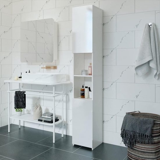 Badkamerkast - staande kast met vijf planken en een wasmand, mat/wit hoogglans, D: 30 cm, H: 174 cm, B: 60 cm