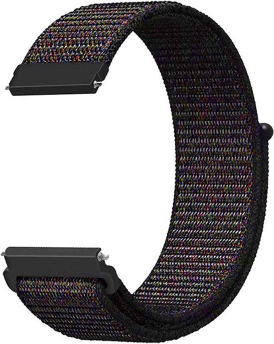 Zwart horlogebandje met veelkleurige spikkels, gemaakt van nylon.