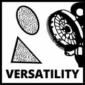 Drie schuurvormen: ovaal, driehoek en rond, met stipjes. De tekst 'VERSATILITY' staat onderaan.