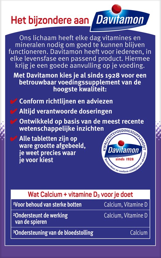 Gedetailleerde informatie over Davitamon Calcium + Vitamine D3, voordelen en gebruik. Paarse achtergrond.