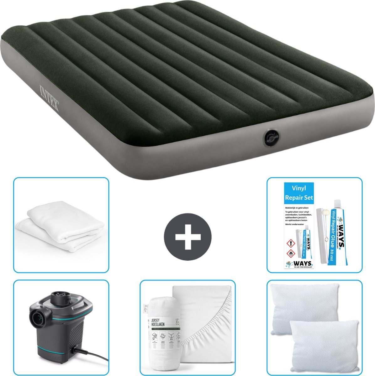 Intex Luchtbed - 2-Persoons - 152 x 203 x 25 cm - Groen - Inclusief Pomp - Hoeslaken - Kussen - Kussenbeschermer en Reparatieset