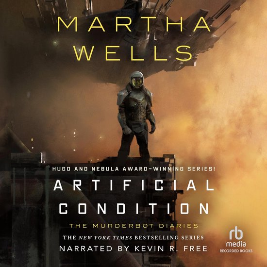 Een astronaut in een futuristisch harnas staat op een gebouw, met een ruimteschip en een oranje mist op de achtergrond. Titel: Artificial Condition.
