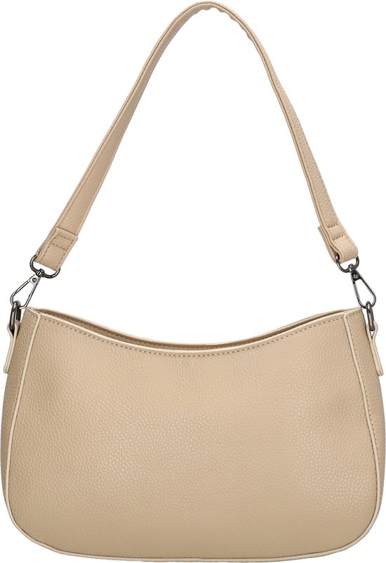 Taupekleurige schoudertas van Charm London met een getextureerd oppervlak en een off-white bies. Heeft zowel een korte als een lange schouderband.
