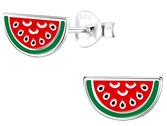 Clous d'oreilles argentés motif pastèque rouge, vert avec pépins blancs.
