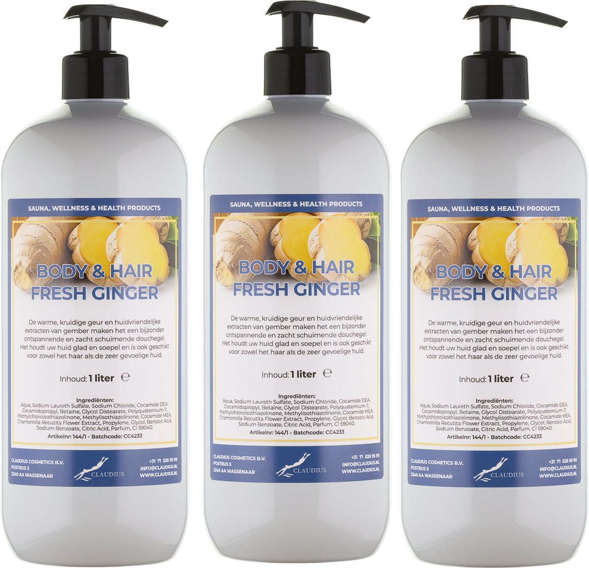 Goedkoopste Body & Hair Fresh Ginger 1 liter - set van 3 stuks - met gratis pomp - 2 in 1 voor lichaam en haar.