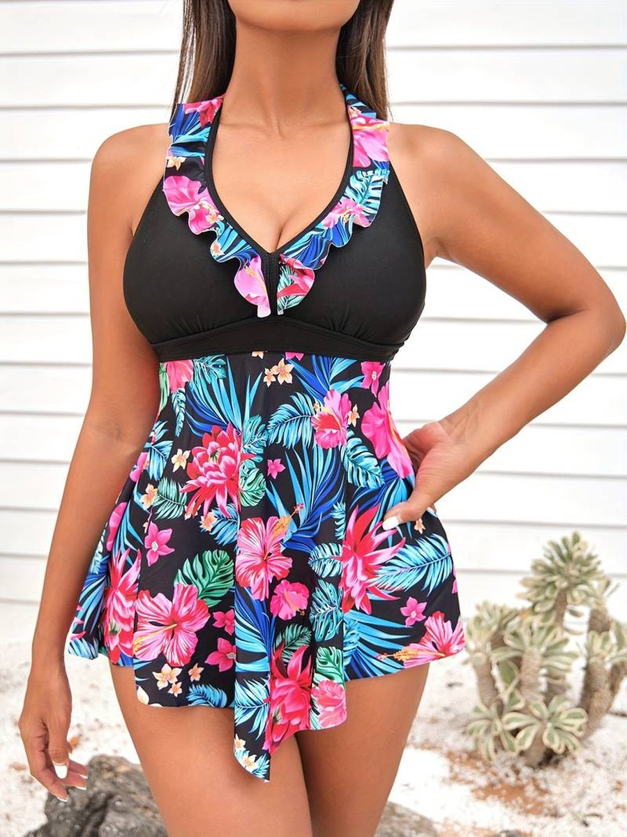 Sexy Tankini - Tropische Print 2 - delige Tankini set, Halter V - hals zwemrok met Hoge Taille,Bikini Badpak Zwempak 824, Veelkelurig