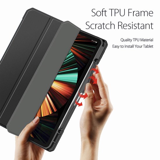 Zwarte hoes met een grijze flap en een tablet met kleurrijk scherm.