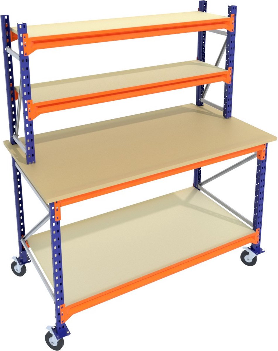 Multi Profiel - Werkbank op wielen - Met opbouw - 135 x 85 cm (BxD) - 4 verdiepingen - Super sterk! - Professioneel - Voor schuur of magazijn!